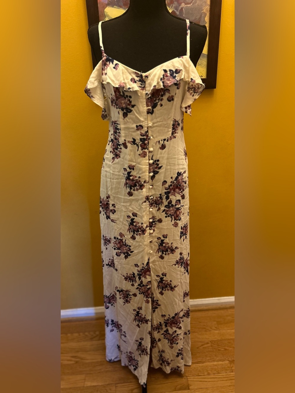 Cottage Core Shabby Chic Ruffle Sleeve Button Front Purple Floral Maxi Dress